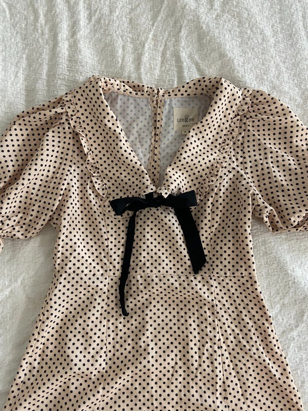 Umgee Polka Dot Puff Sleeve Mini Dress Black Bow Size S